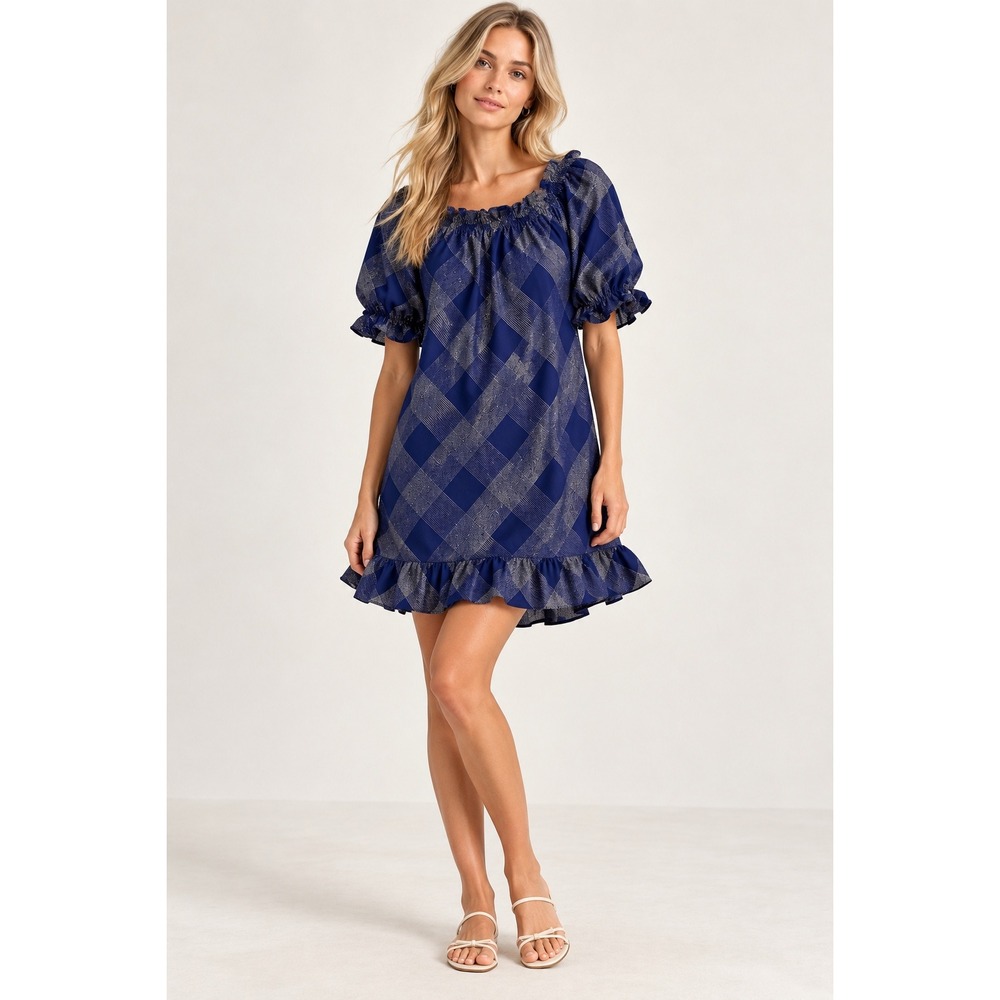 Hill House Athena Nap Dress Womens XS Navy Blue Plaid Metallic Ruffle Mini EXCL